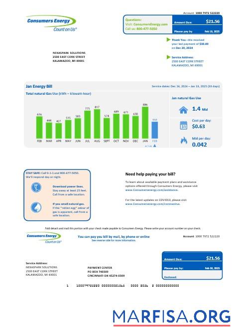 Blank USA Michigan Consumers Energy business utility bill template in Word and PDF formats